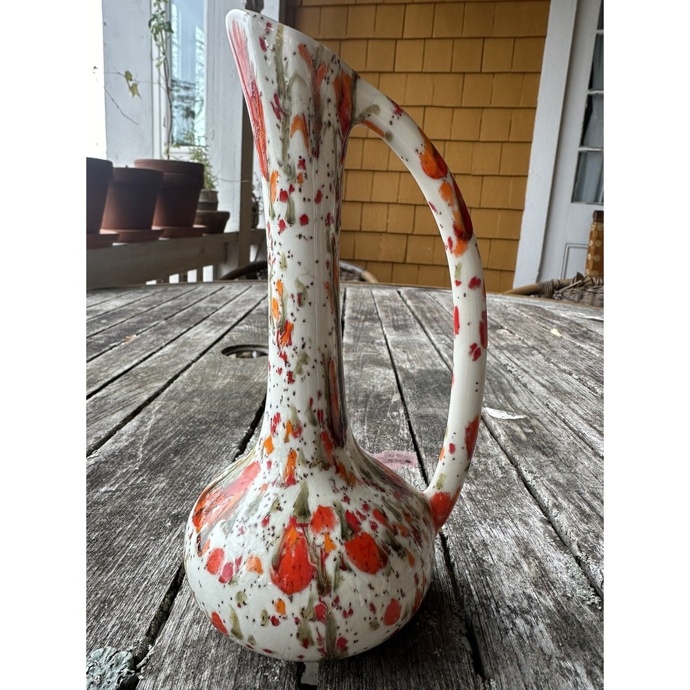 Vintage 1970 Hand Made Ceramic Drip Vase Speckled Pitcher Genie Bottle Handle